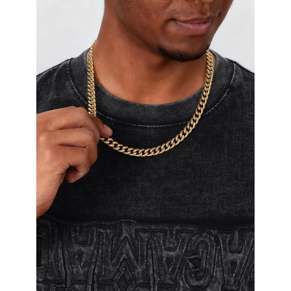 Men's 9MM Width-Gold Stainless Steel Miami Cuban Curb Link Chain Necklace